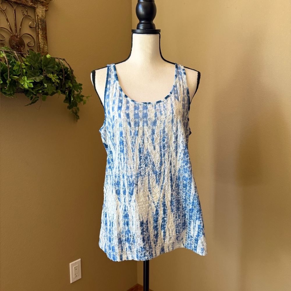 Lucky Brand Blue and White Tie-Dyed Sleeveless Tank Top